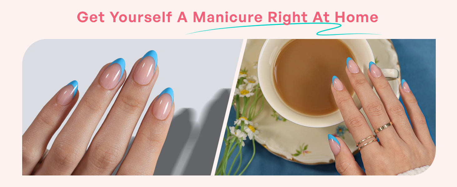 French Tip Baby Blue Short Almond Soft Gel Press on Nails detail image 2