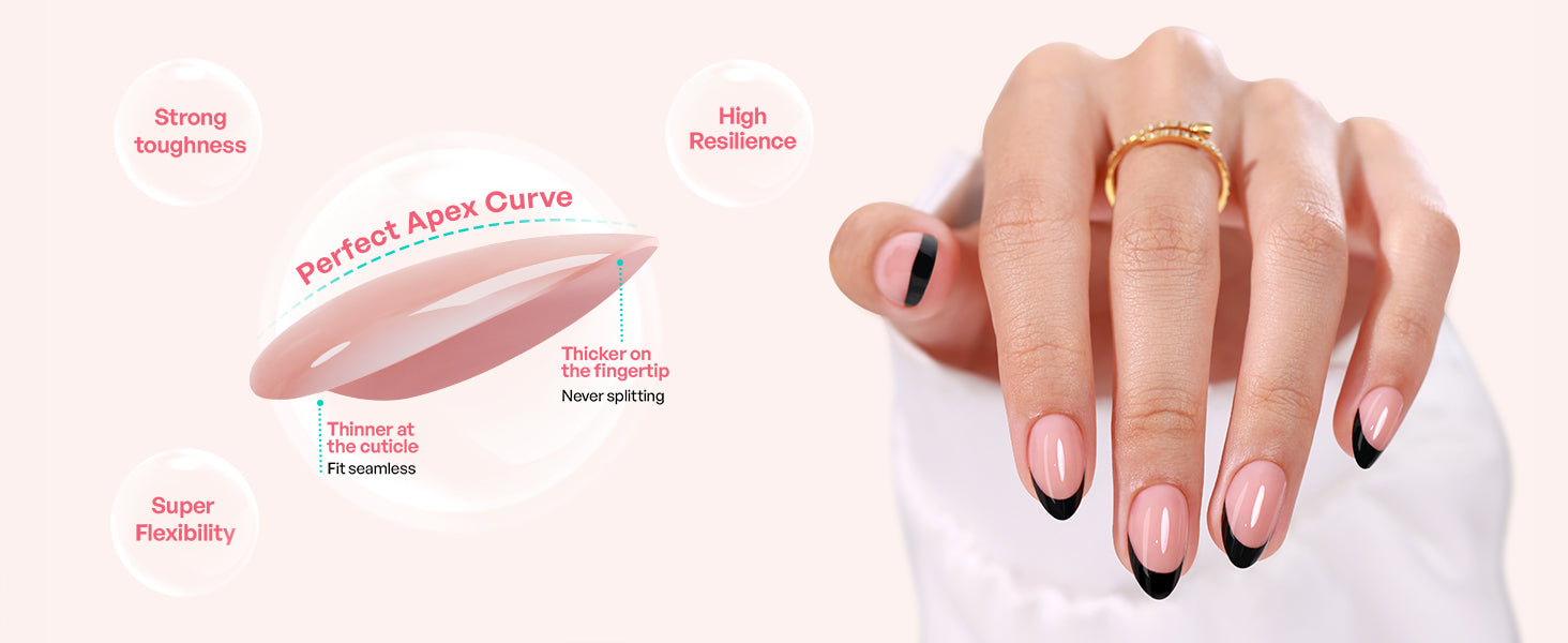 Faux ongles courts noirs en amande avec French manucure en gel souple à presser detail image 1