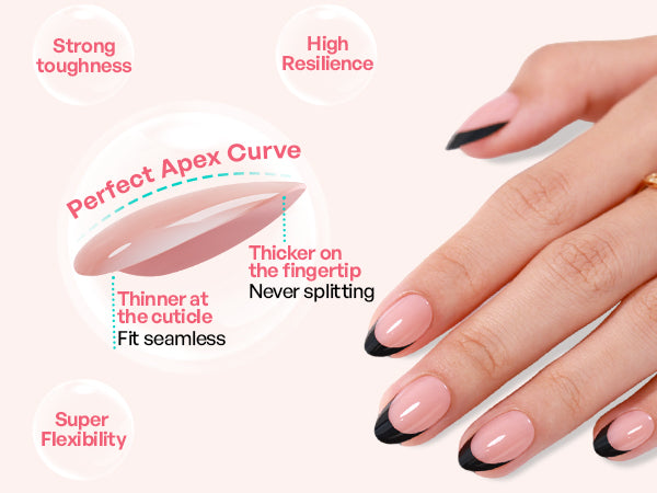 Faux ongles courts noirs en amande avec French manucure en gel souple à presser detail image 1