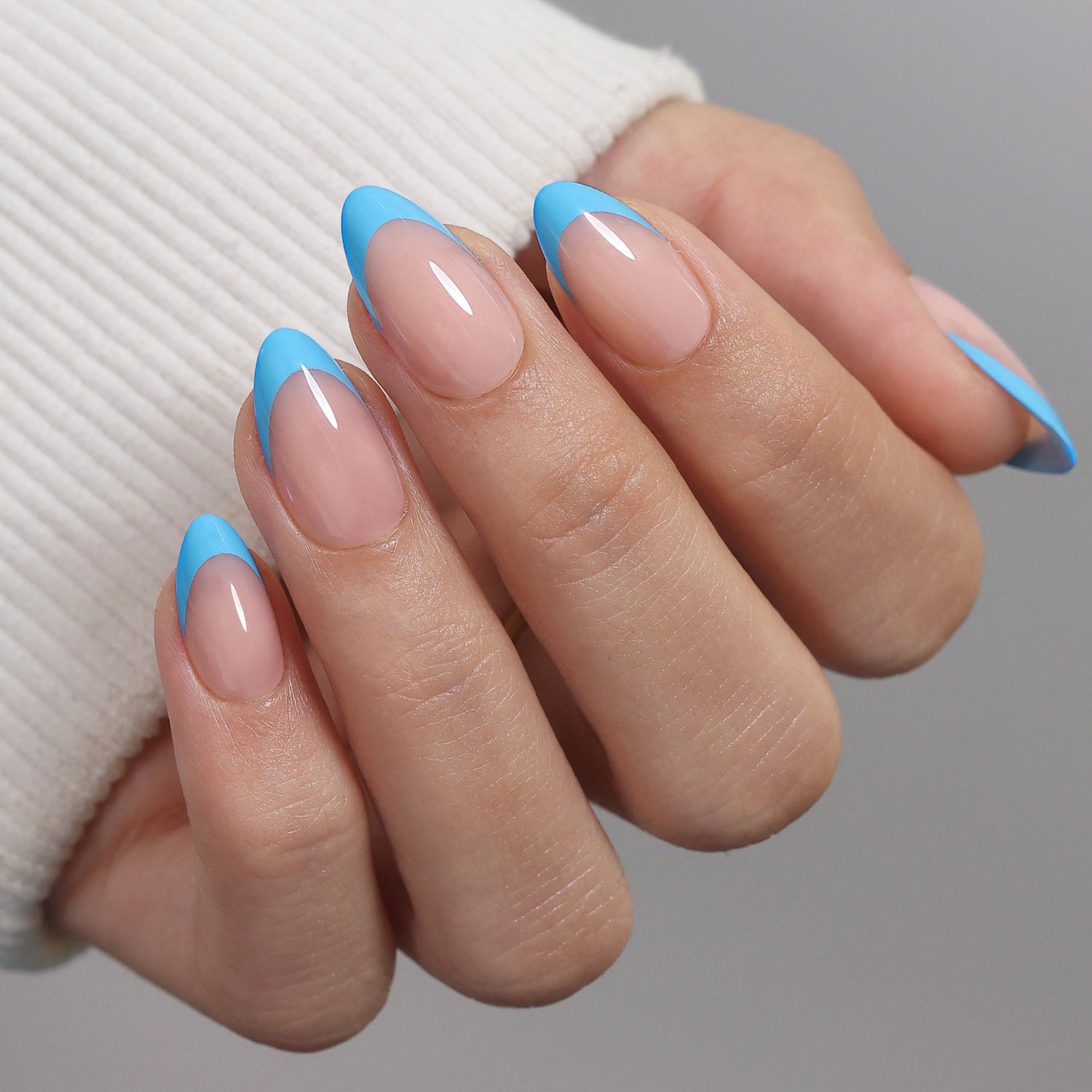 French Tip Baby Blue Short Almond Soft Gel Press on Nails product image 6 | SHANGMENG®