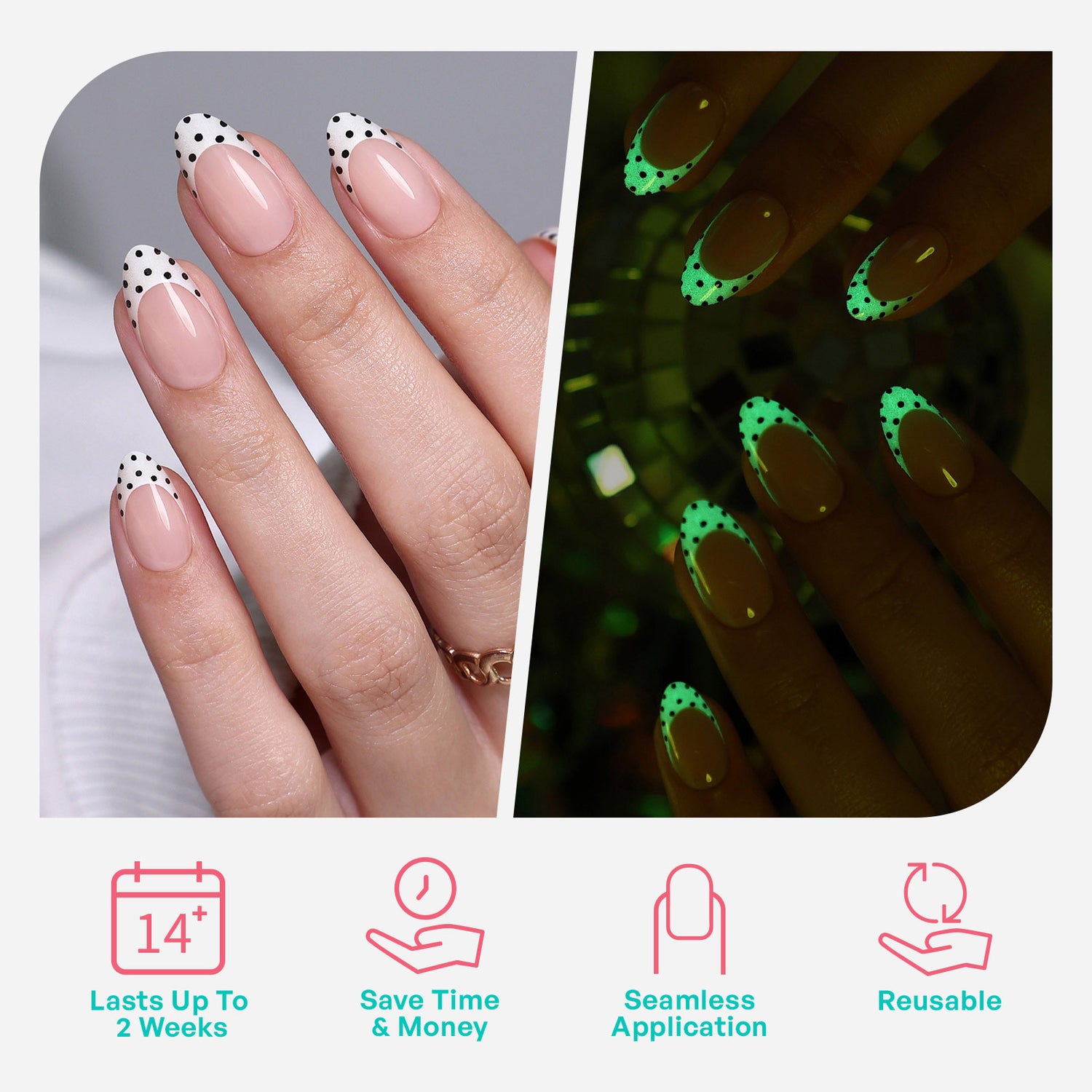 Glow French Tip Polka Dot Medium Almond Press on Nails product image 2 | SHANGMENG®