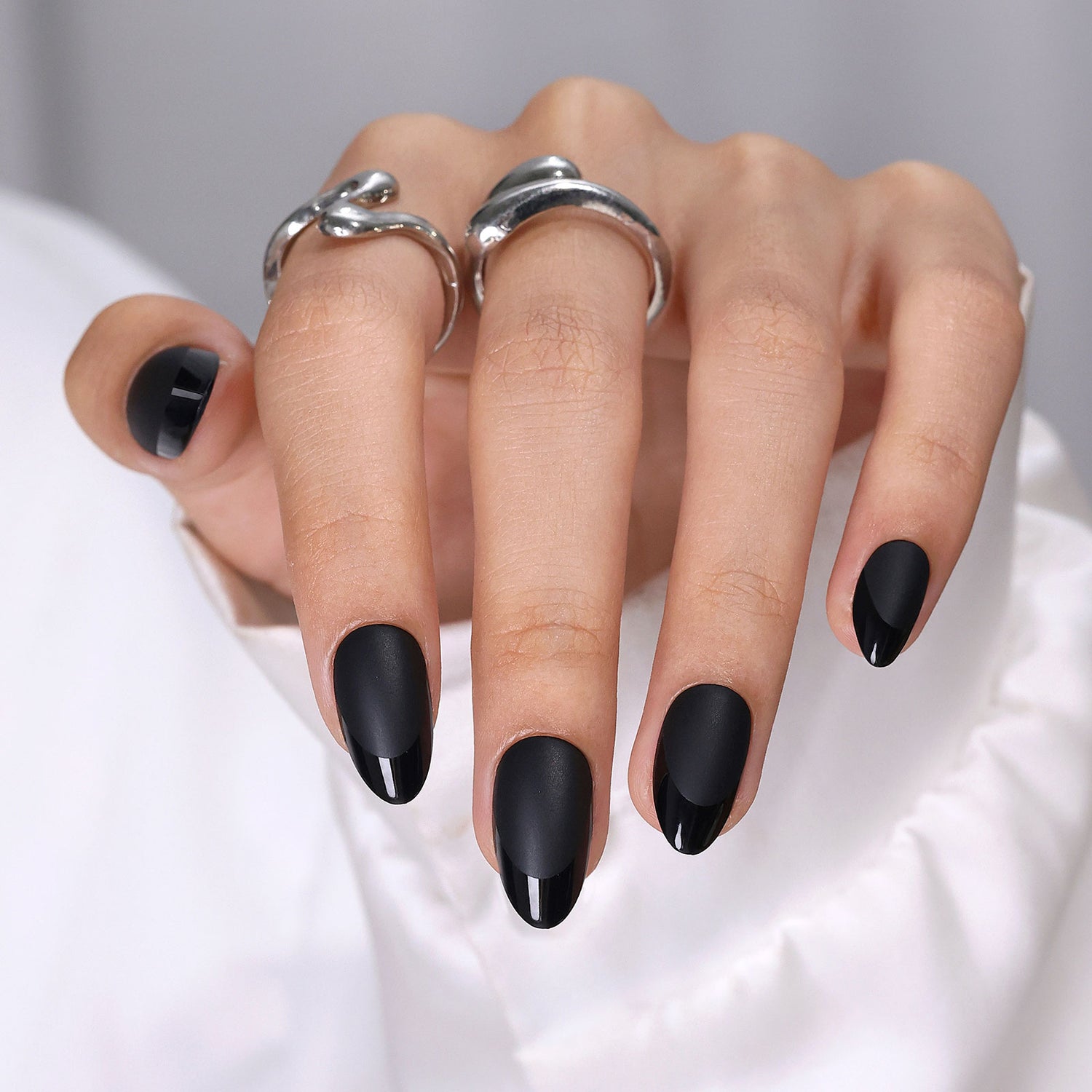 Matte Black French Tip Nails Almond