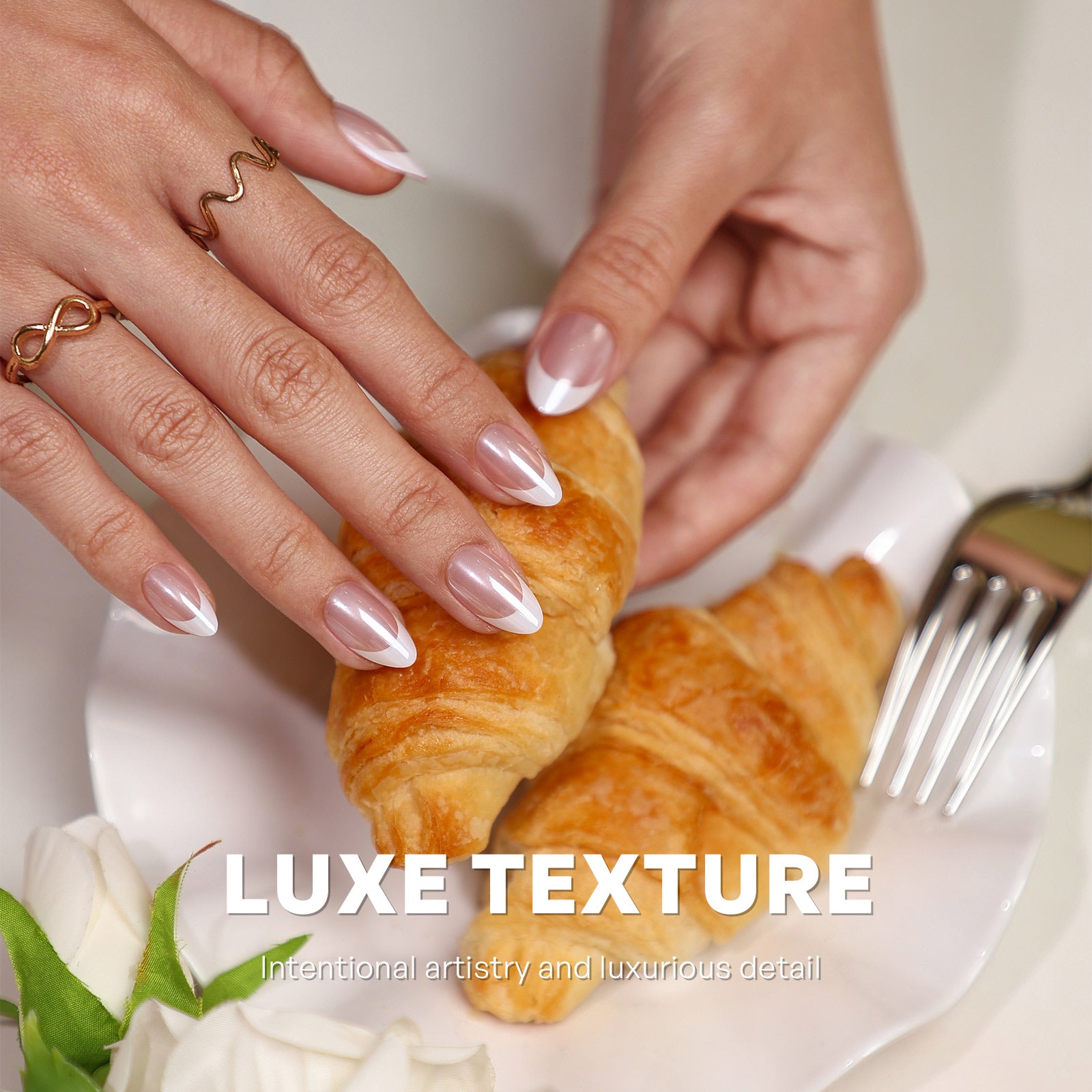 Aurora French Tip Petal Lustre Short Almond Press on Nails lifestyle breakfast scene | SHANGMENG®