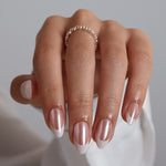 Aurora French Tip Petal Lustre Short Almond Press on Nails hero hand model front view aurora chrome French tip | SHANGMENG®