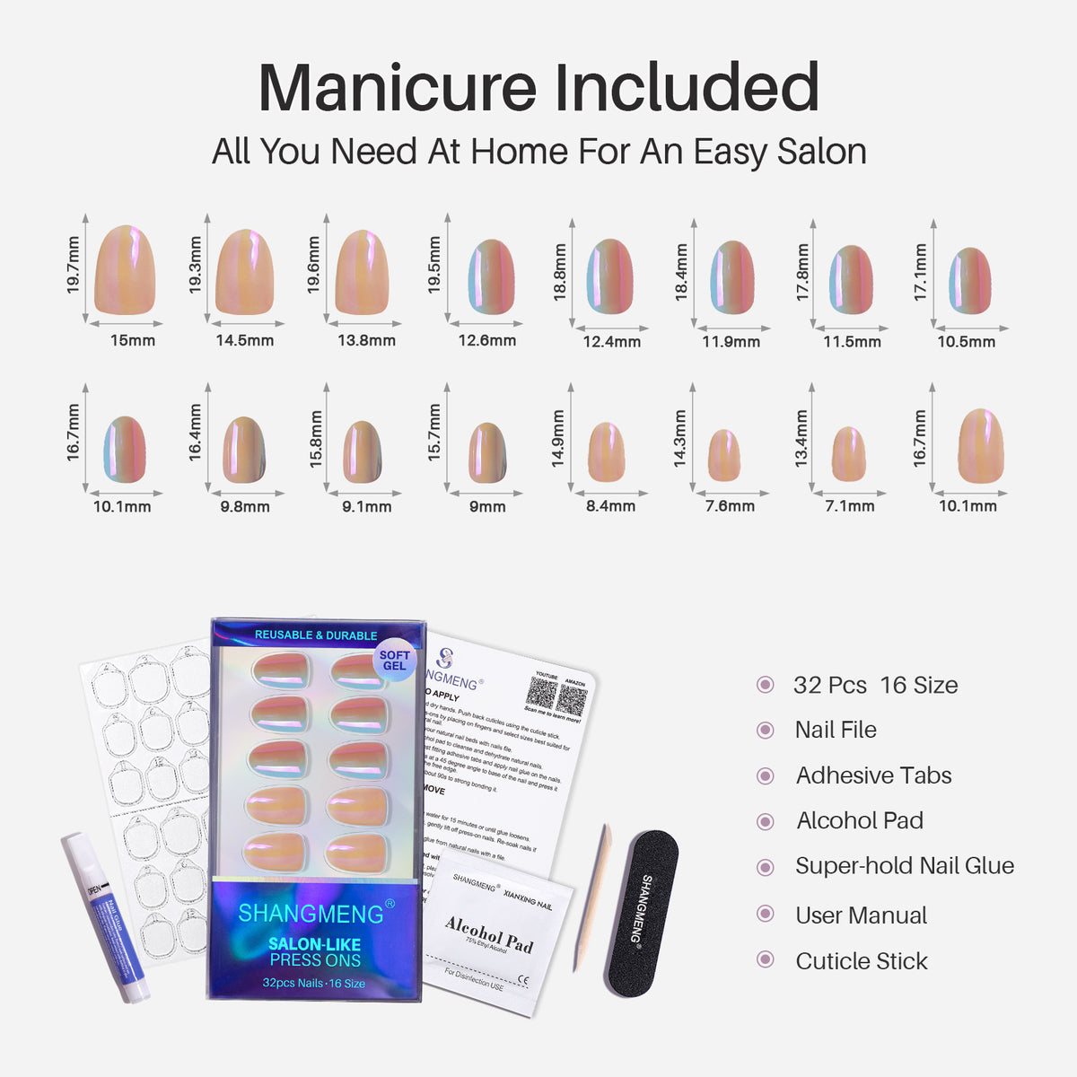 Auroras Colorful Chrome Round Nails 16 size options mm measurement chart | SHANGMENG®