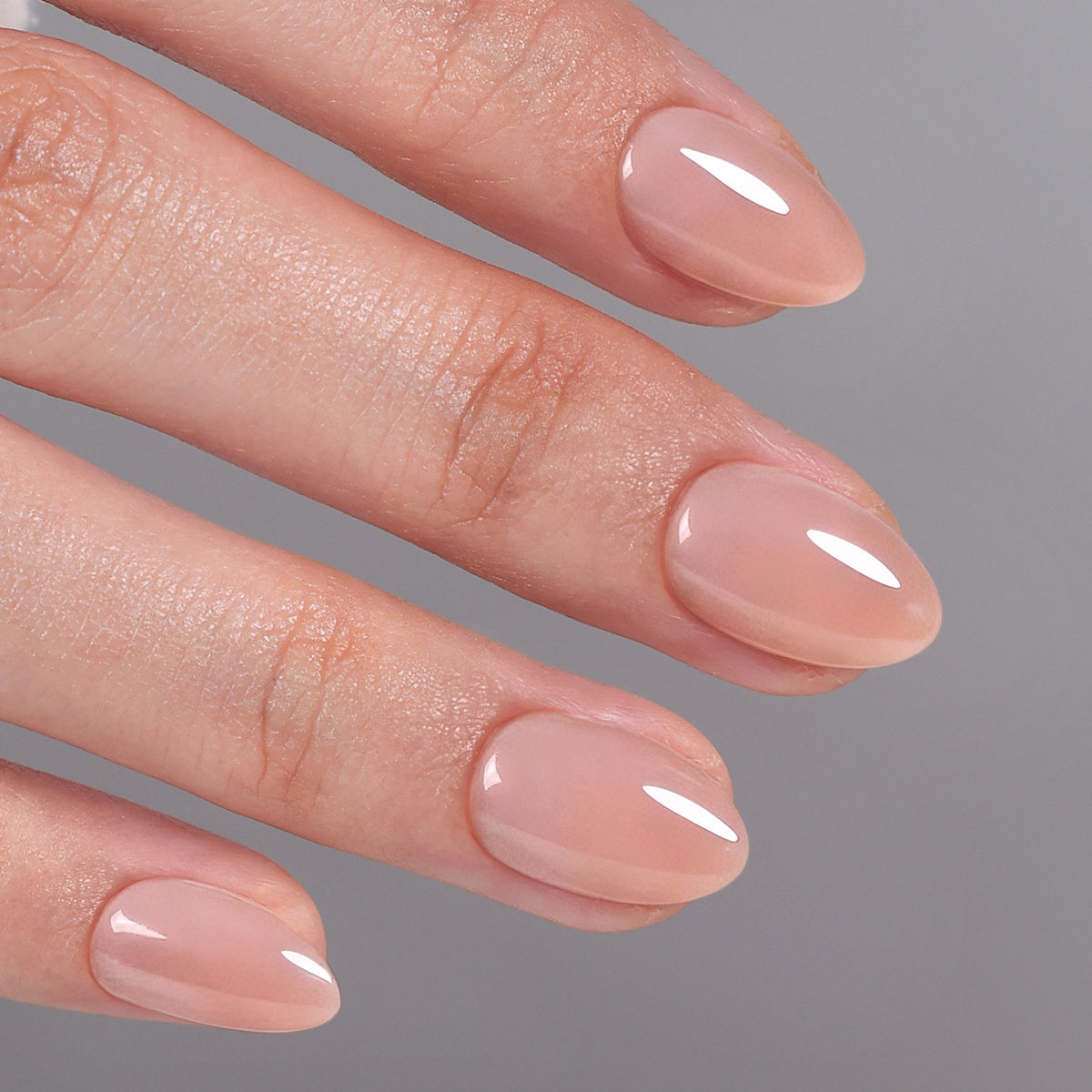 Bare Petal Sheer Nude — Extra Short Almond side view of the full set | SHANGMENG®