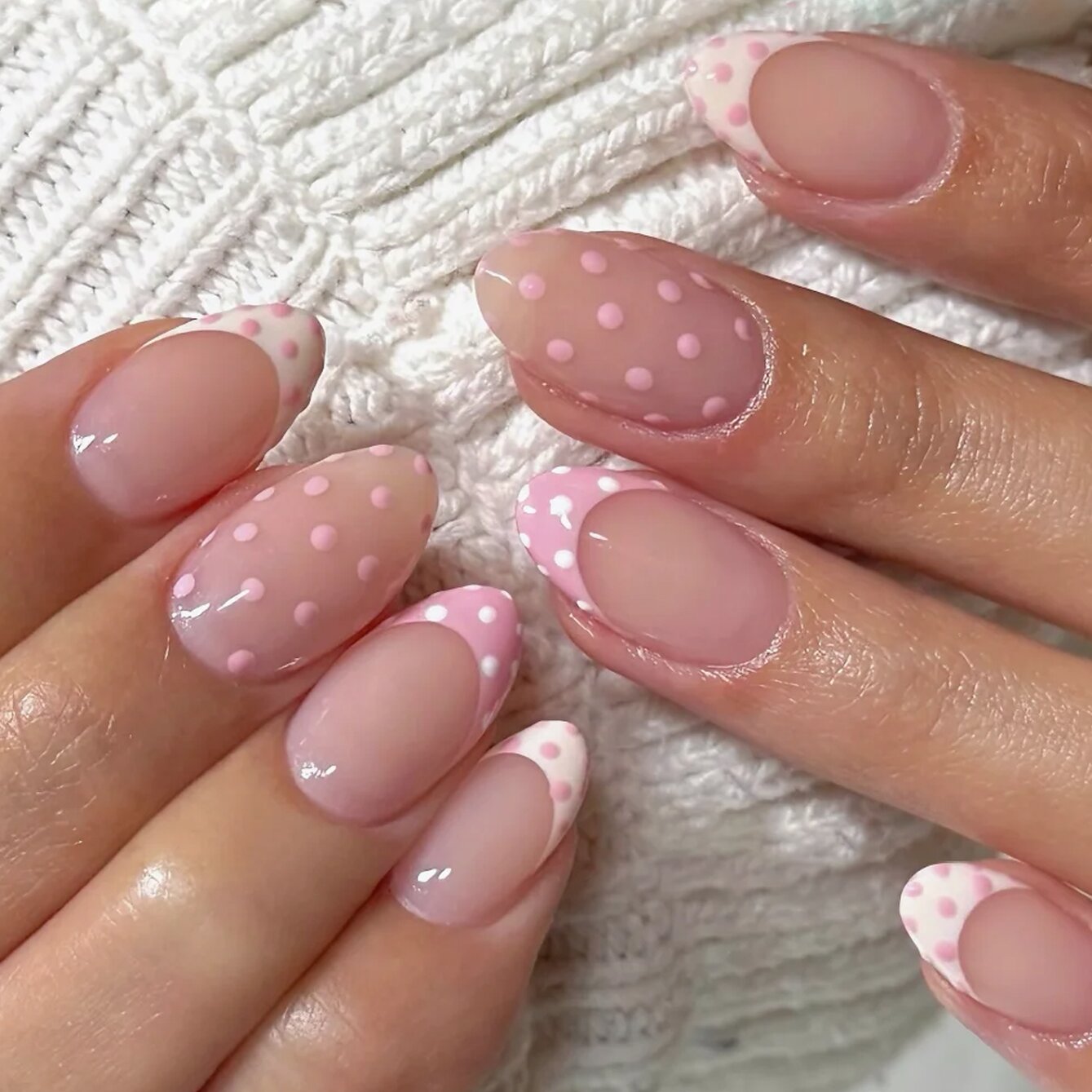 Dot Pink French Tips Almond Nails