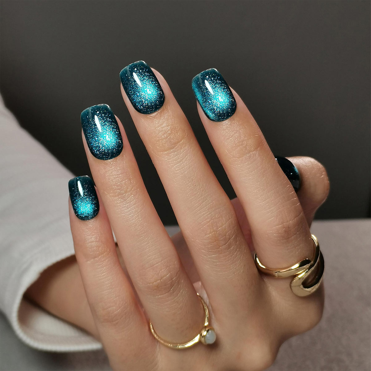 Blue Sapphire Cat Eye Short Square Nails