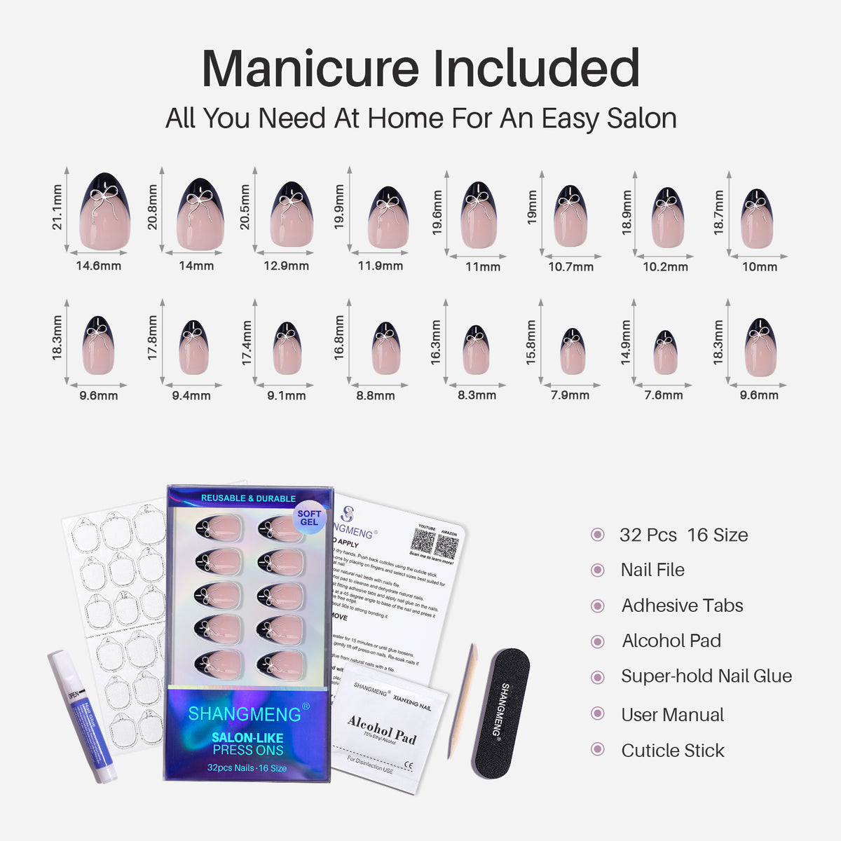 Silver 3D Bow Almond Press-On Nails 16 size options mm measurement chart | SHANGMENG®