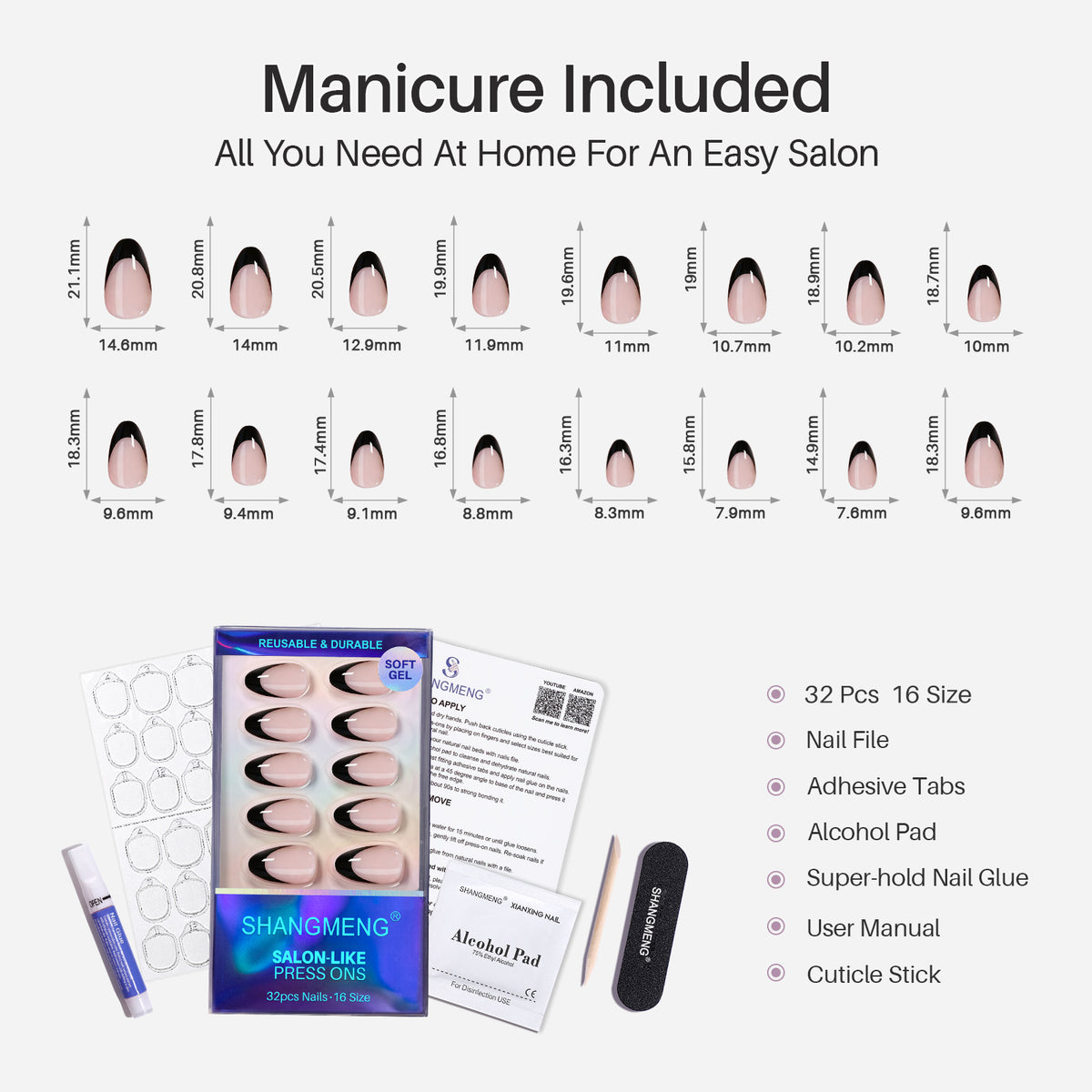 French Black Tips Short Almond Nails 16 size options mm measurement chart | SHANGMENG®