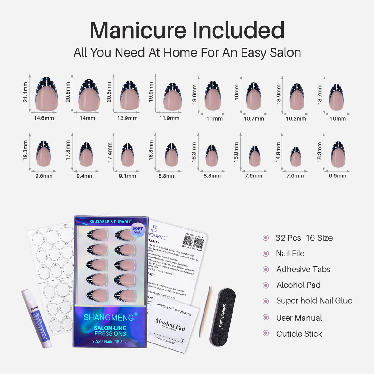 Black Polka Dots French Tips Almond Nails 16 size options mm measurement chart | SHANGMENG®
