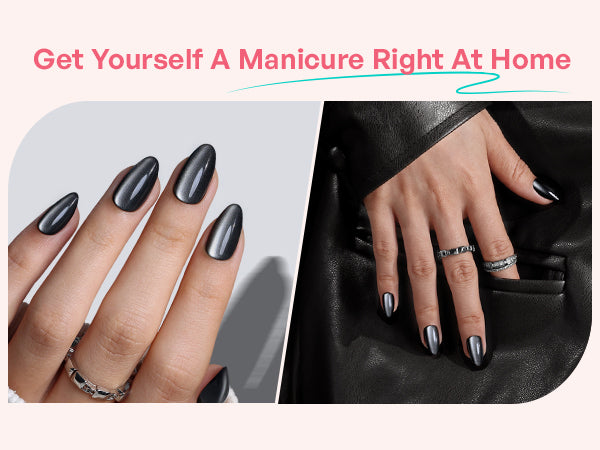 Galaxy-Like Black Cat Eye Almond Nails detail image 3