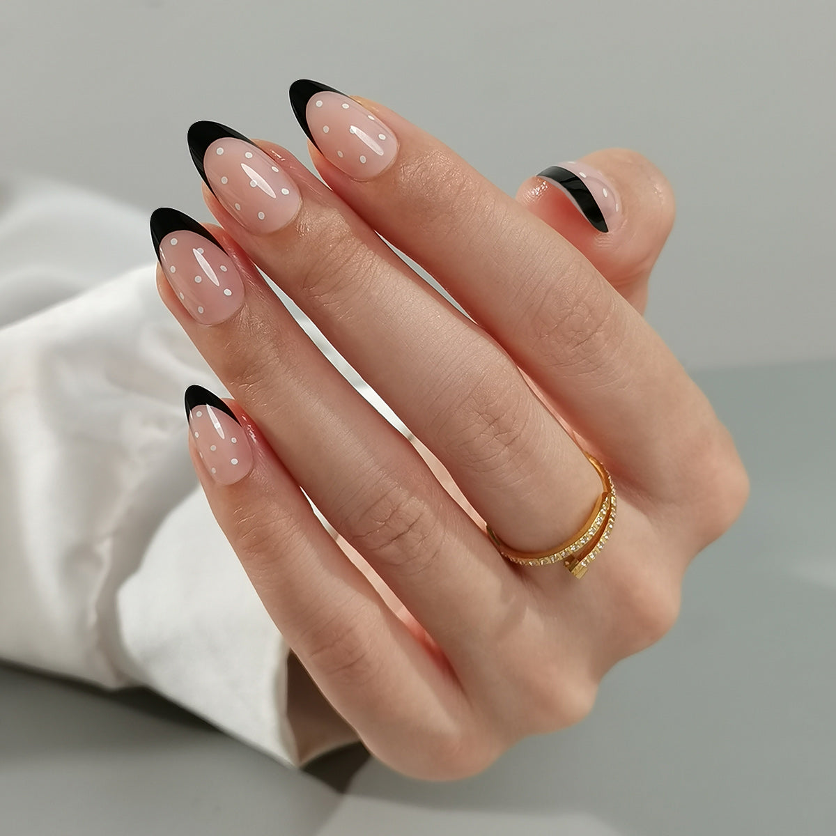 Dot Black French Tips Almond Gel Nails