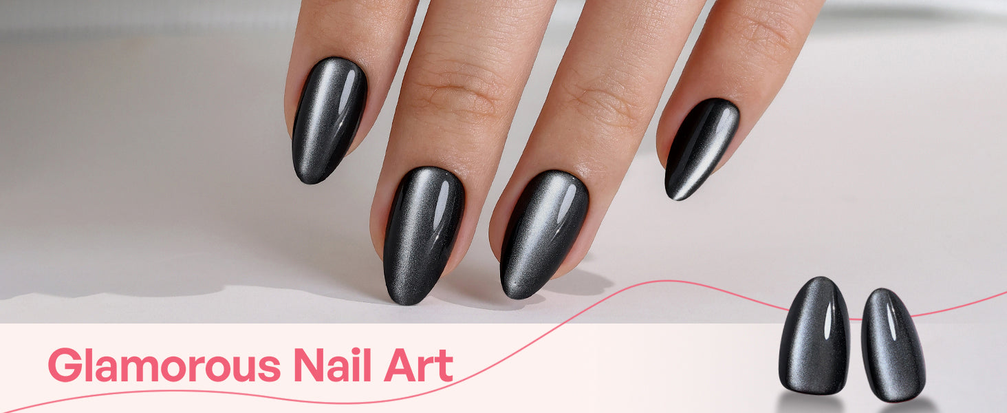 Galaxy-Like Black Cat Eye Almond Nails detail image 1