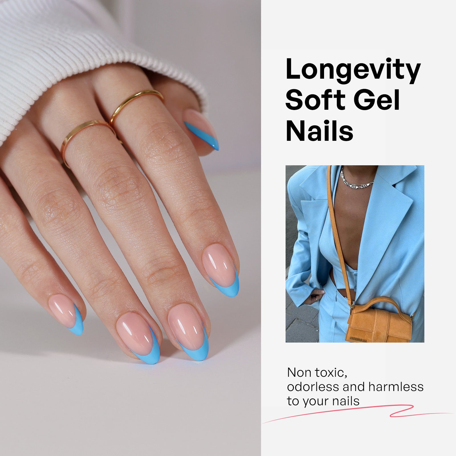 French Tip Baby Blue Short Almond Soft Gel Press on Nails product image 3 | SHANGMENG®