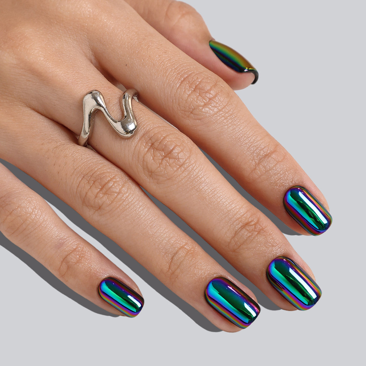 Chrome Purple Blue Short Square Soft Gel Press on Nails product image 3 | SHANGMENG®
