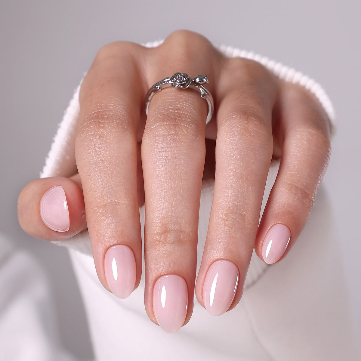 Blush Veil Pale Pink — Extra Short Almond angled hand close-up | SHANGMENG®