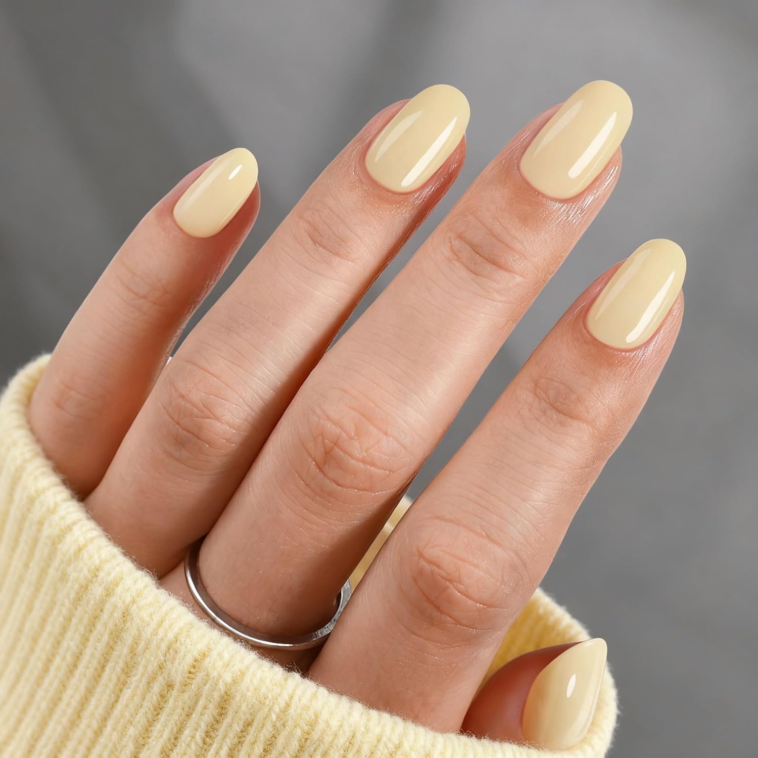 SHANGMENG® Buttergelbe Zitronen-Chiffon-Nägel, rund, zum Aufdrücken –  Mittelgroßes Nagelset