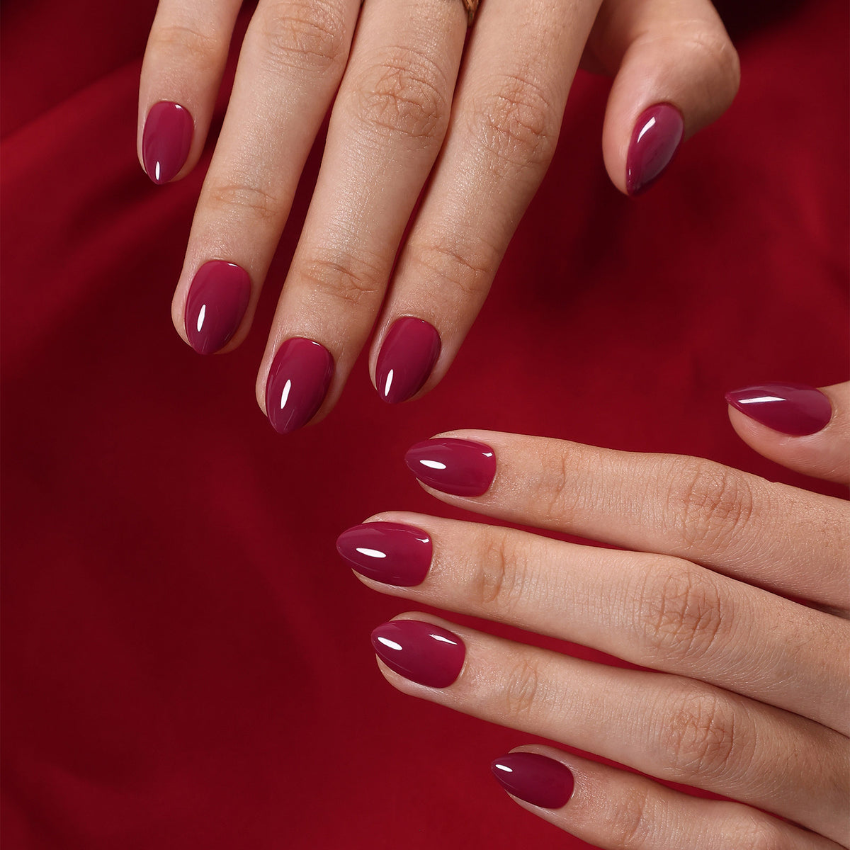 Plum Nocturne Burgundy — Extra Short Almond lifestyle styling | SHANGMENG®