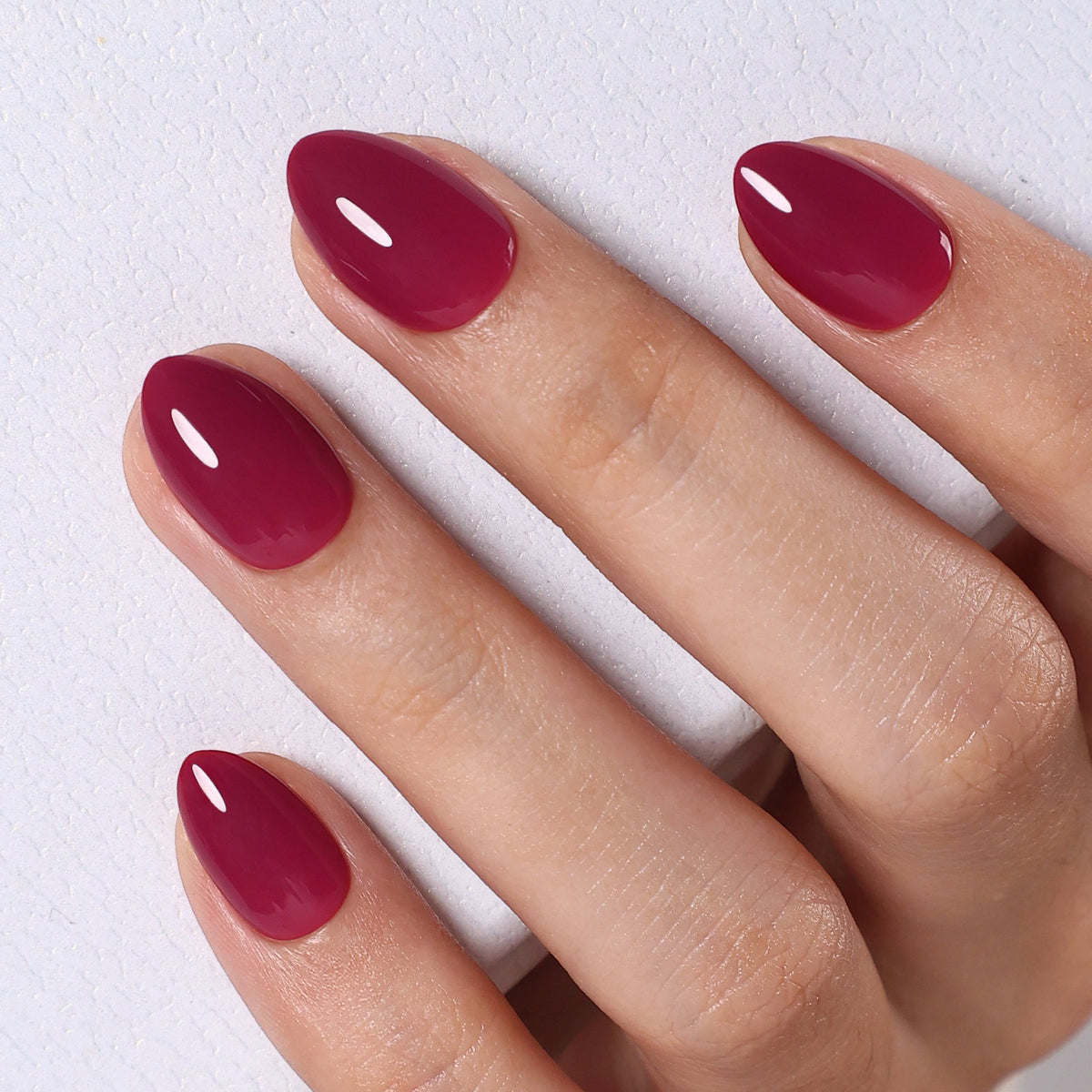 Plum Nocturne Burgundy — Extra Short Almond finish close up of the plum burgundy extra short almond manicure | SHANGMENG®