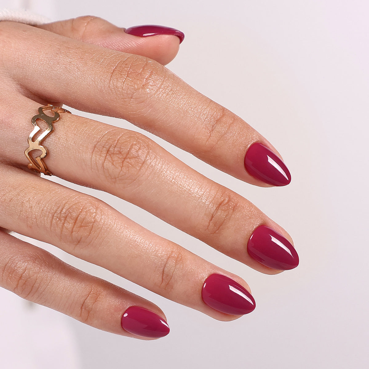 Plum Nocturne Burgundy — Extra Short Almond on hand view | SHANGMENG®