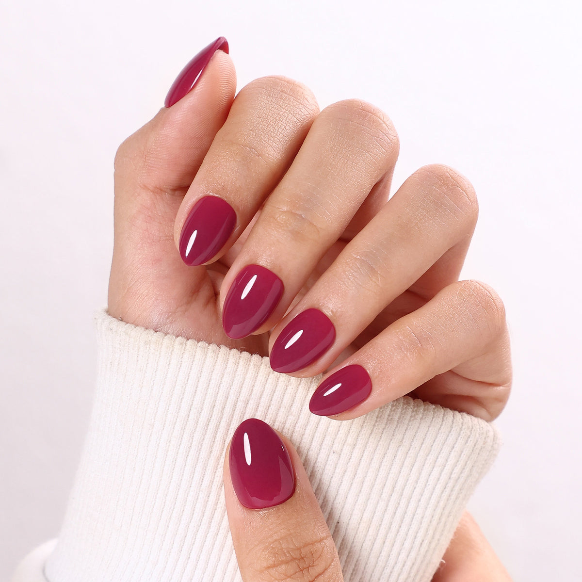 Plum Nocturne Burgundy — Extra Short Almond on hand view | SHANGMENG®