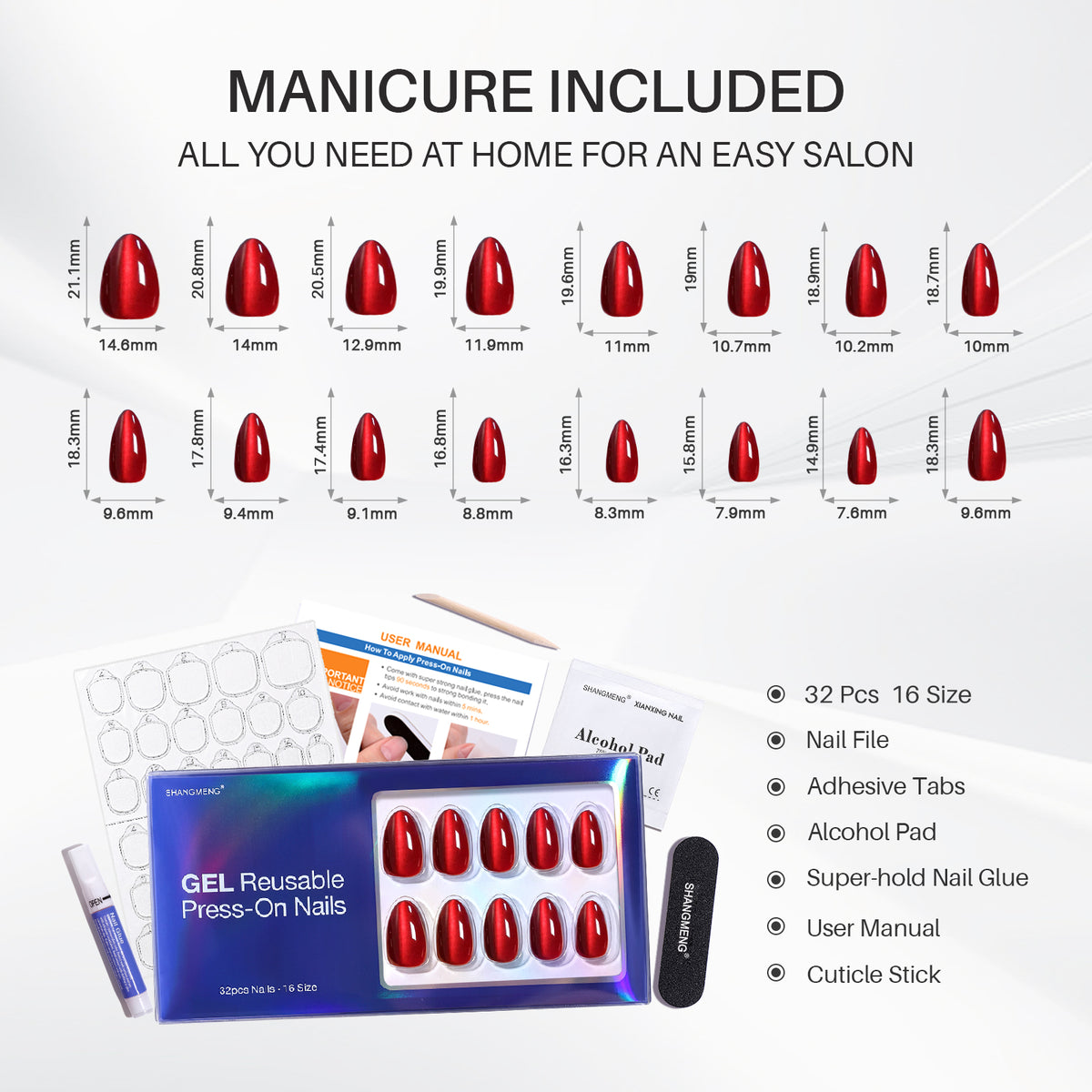Ruby Love Cat Eye Wine Red Short Almond Press on Nails 16 size options mm measurement chart | SHANGMENG®