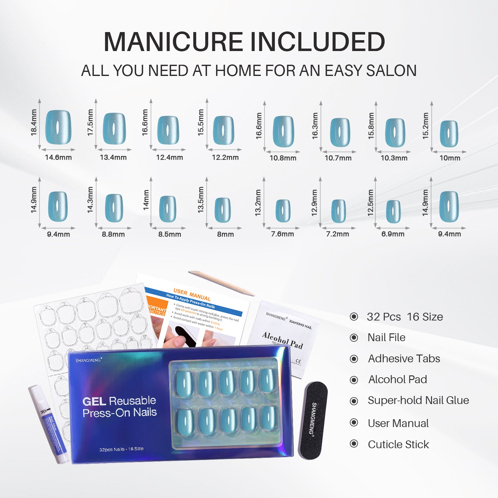 Cat Eye Baby Blue Square Press on Nails 16 size options mm measurement chart | SHANGMENG®