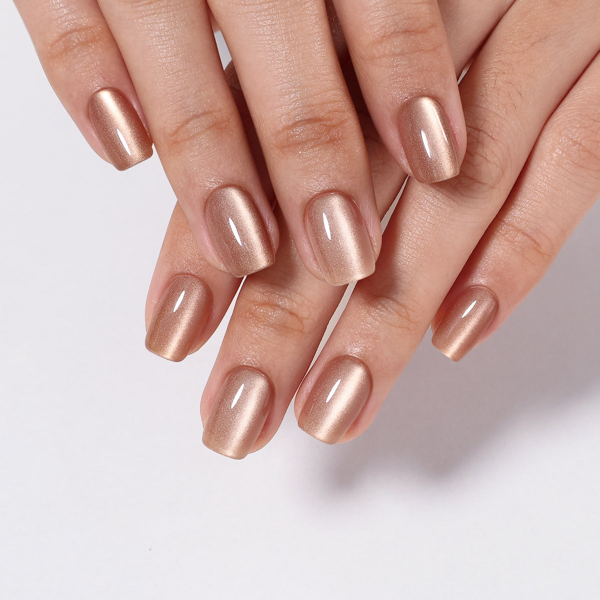 Champagne Halo Beige Cat Eye — Short Square two-hand top view of the beige cat-eye manicure | SHANGMENG®