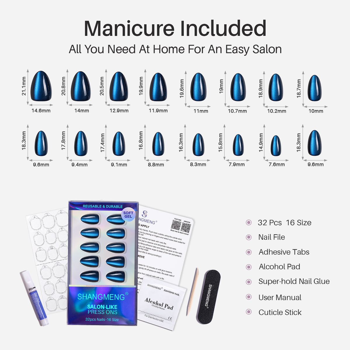 Sapphire Muse unhas press-on amendoadas cat eye: tabela de tamanhos, 16 tamanhos e kit | SHANGMENG®