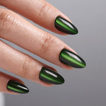 Cat Eye Emerald Green Medium Almond Soft Gel Press-On Nails alternate hand angle view two | SHANGMENG®