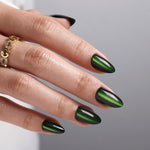 Cat Eye Emerald Green Medium Almond Soft Gel Press-On Nails back of hand view one | SHANGMENG®