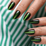 Cat Eye Emerald Green Medium Almond Soft Gel Press-On Nails close up nail texture view two | SHANGMENG®