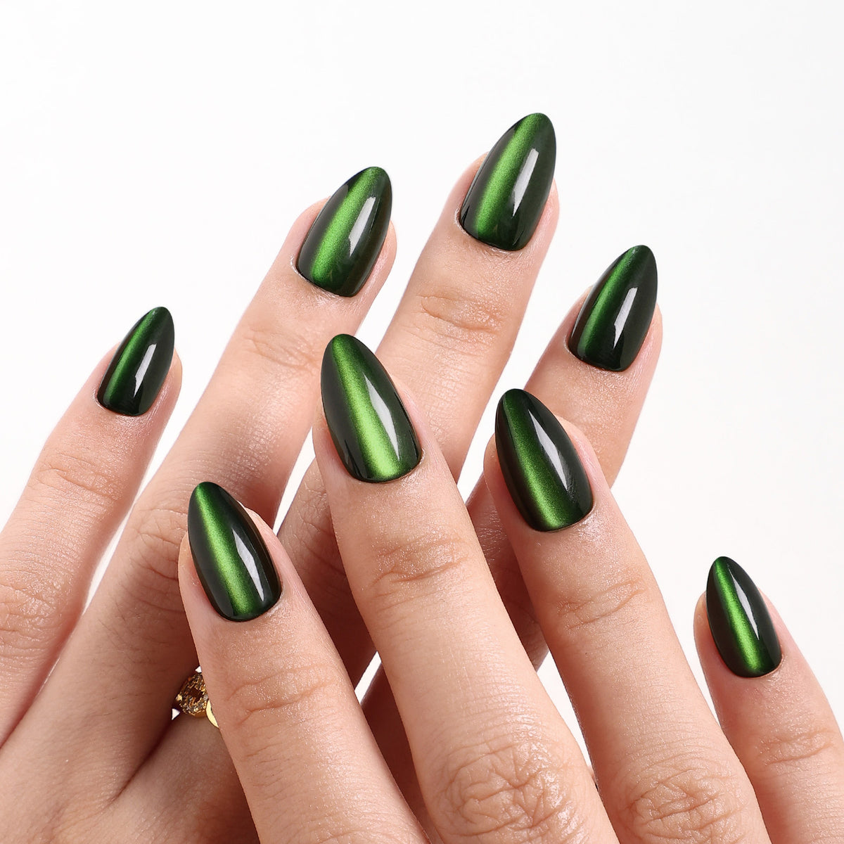 Cat Eye Emerald Green Medium Almond Soft Gel Press-On Nails side profile detail view one | SHANGMENG®