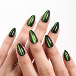 Cat Eye Emerald Green Medium Almond Soft Gel Press-On Nails side profile detail view one | SHANGMENG®