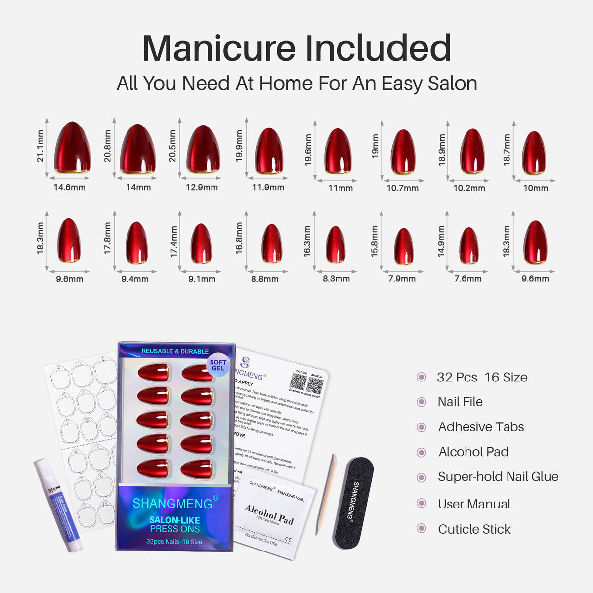 Faux ongles press-on gel souple, amande courte rouge foncé Cat Eye, feuille d’or 3D: tableau de 16 tailles en mm | SHANGMENG®