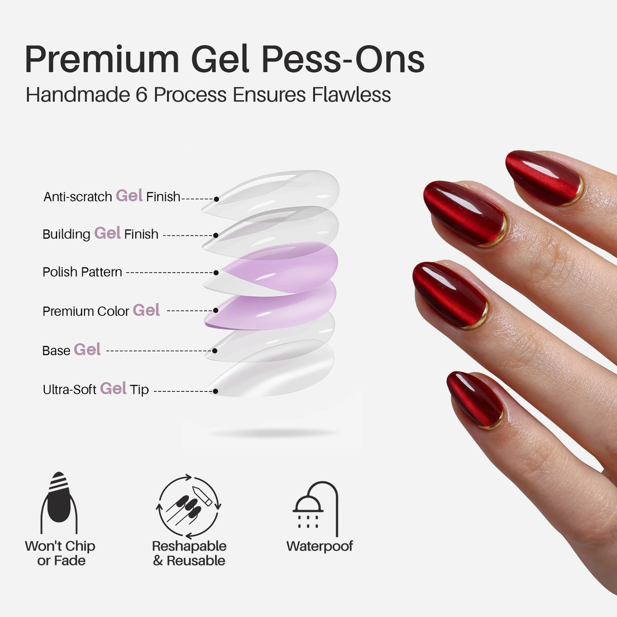 Cat Eye Gold Foil 3D Short Almond Soft Gel Press on Nails UV cure 6-layer soft gel process | SHANGMENG®