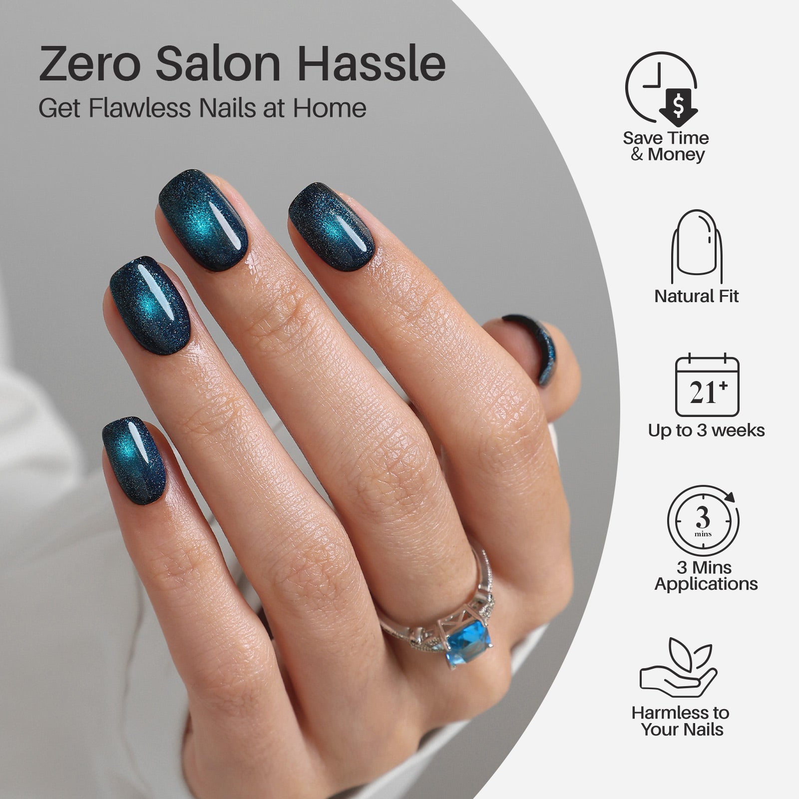 Cat Eye Peacock Blue Short Square Soft Gel Press on Nails product image 2 | SHANGMENG®