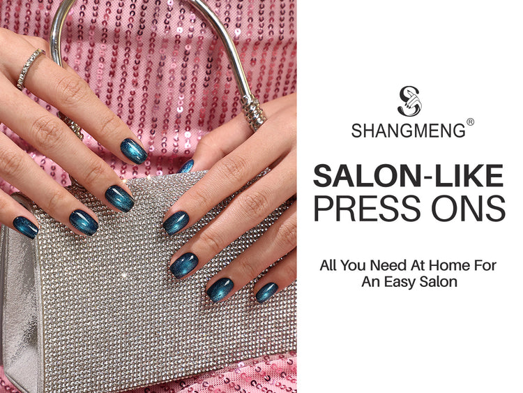 Cat Eye Peacock Blue Short Square Soft Gel Press on Nails detail image 1
