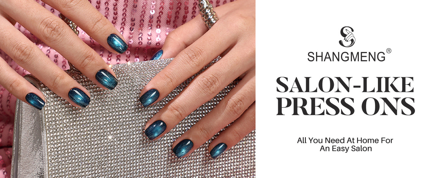 Cat Eye Peacock Blue Short Square Soft Gel Press on Nails detail image 1