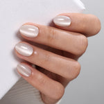 Cat Eye Pearl White Short Almond Soft Gel Press-On Nails alternate hand angle view two | SHANGMENG®