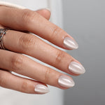 Cat Eye Pearl White Short Almond Soft Gel Press-On Nails alternate hand angle view three | SHANGMENG®