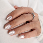 Cat Eye Pearl White Short Almond Soft Gel Press-On Nails back of hand view one | SHANGMENG®