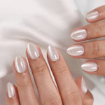 Cat Eye Pearl White Short Almond Soft Gel Press-On Nails close up nail texture view one | SHANGMENG®