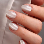 Cat Eye Pearl White Short Almond Soft Gel Press-On Nails close up nail texture view three | SHANGMENG®