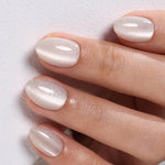 Cat Eye Pearl White Short Almond Soft Gel Press-On Nails fan spread detail view one | SHANGMENG®