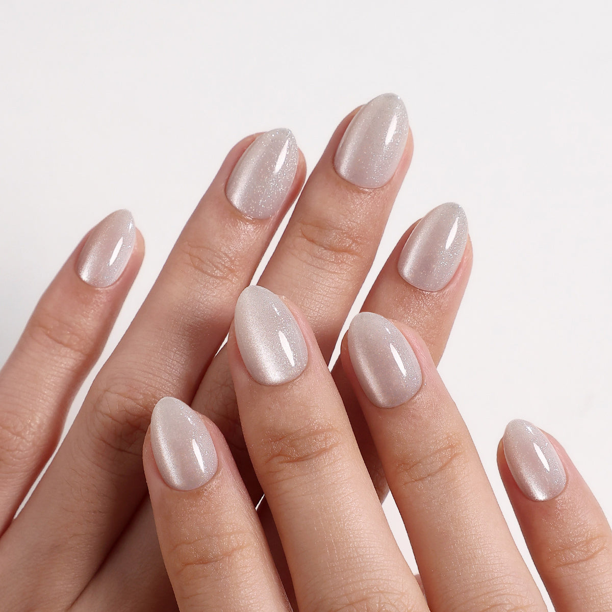 Cat Eye Pearl White Short Almond Soft Gel Press-On Nails side profile detail view one | SHANGMENG®