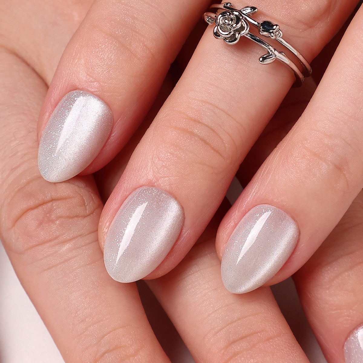 Cat Eye Pearl White Short Almond Soft Gel Press-On Nails side profile detail view two | SHANGMENG®