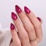 Cat Eye Plum Purple Short Almond Soft Gel Press on Nails on hand angle view | SHANGMENG®