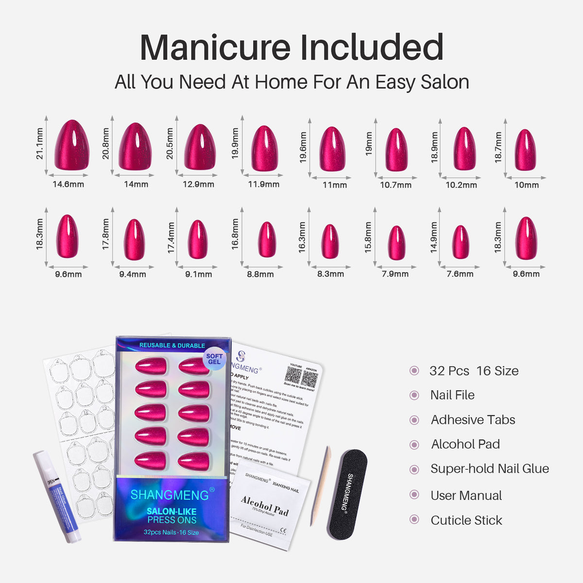 Cat Eye Plum Purple Short Almond Soft Gel Press-On Nails 16 size options mm measurement chart | SHANGMENG®